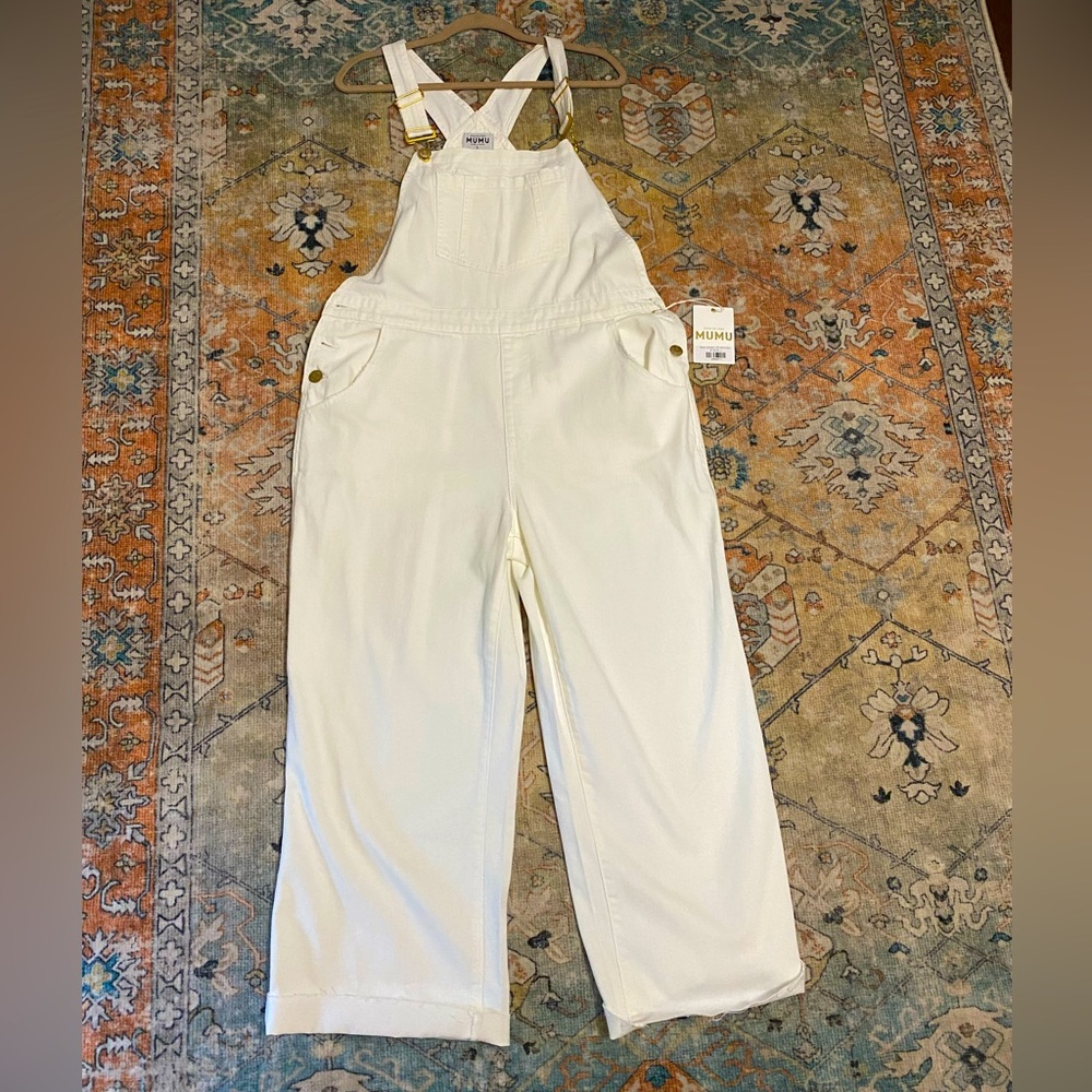 Show me your MUMU brand women’s Marfa overalls, size large.
